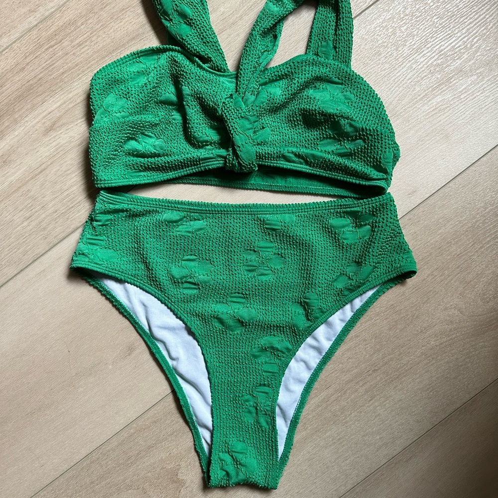 Shein Green Textured Floral Bikini Set